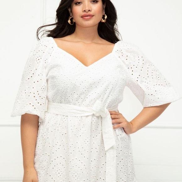 ELOQUII Elements Eyelet Dress With Belt in White Size 22‎ - Picture 2 of 7